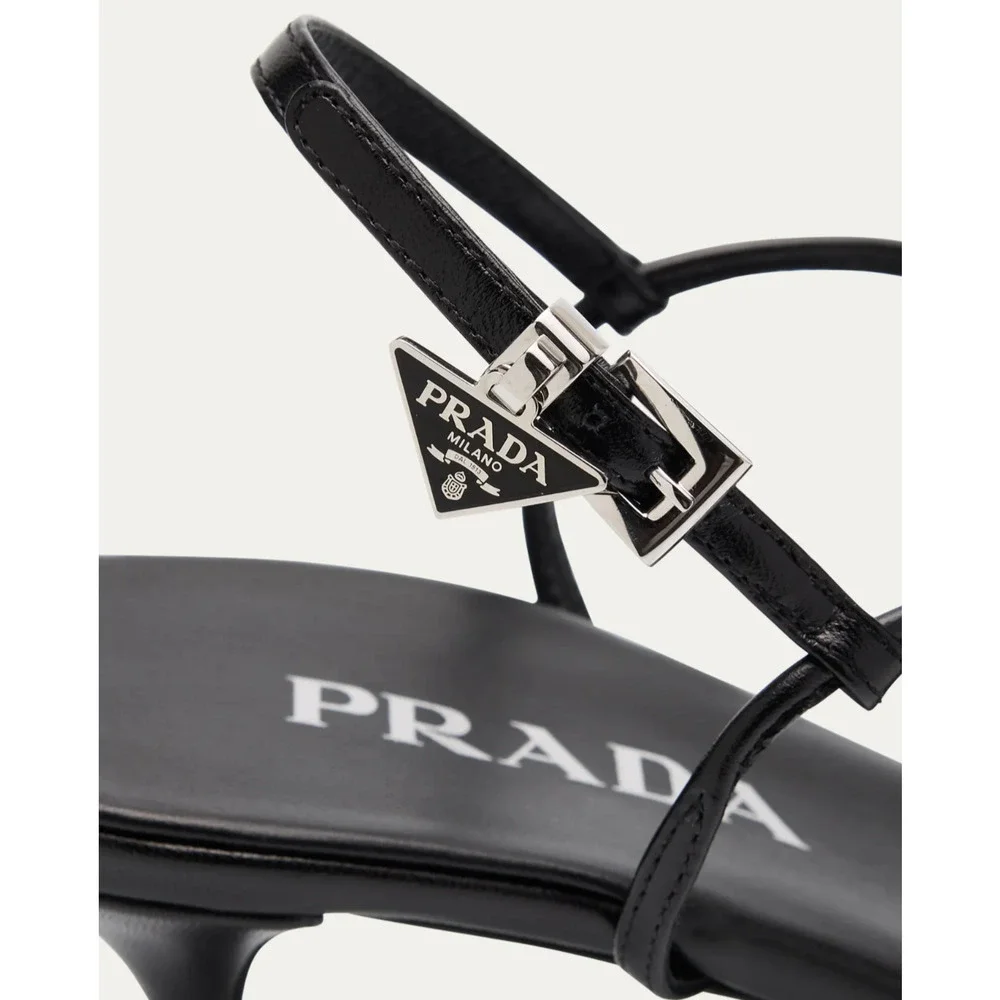 Prada Capretto Strappy 55mm Black Leather Slingback Sandal Mule Kitten Heel 38.5 - Picture 5 of 16